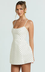 Scoop Neck Panel Bodice Dress in White Polka Dot