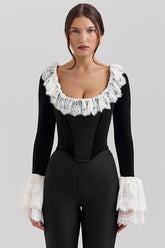 Jacinda-Black Velvet Lace Trimmed Corset Top - SALE