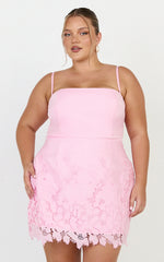 Strapless Broderie Cut Out Border Hem Dress in Pink