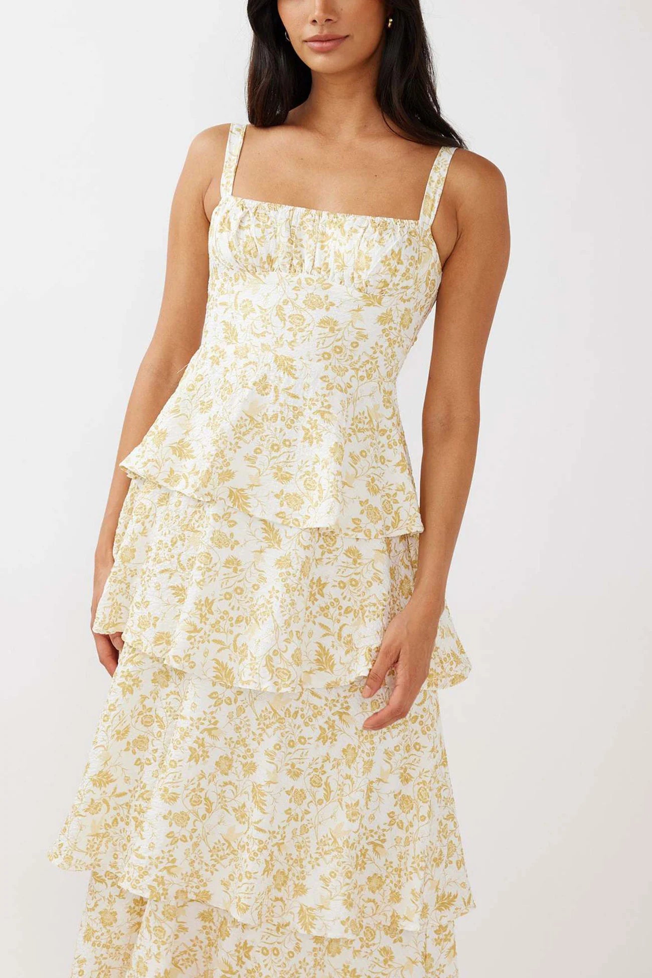 Floral Print Tie-up Tiered Midi Dress