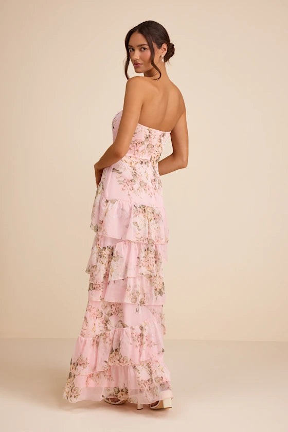 Niyati Blush Floral Strapless Tiered Maxi Dress