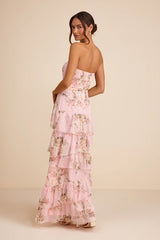 Niyati Blush Floral Strapless Tiered Maxi Dress