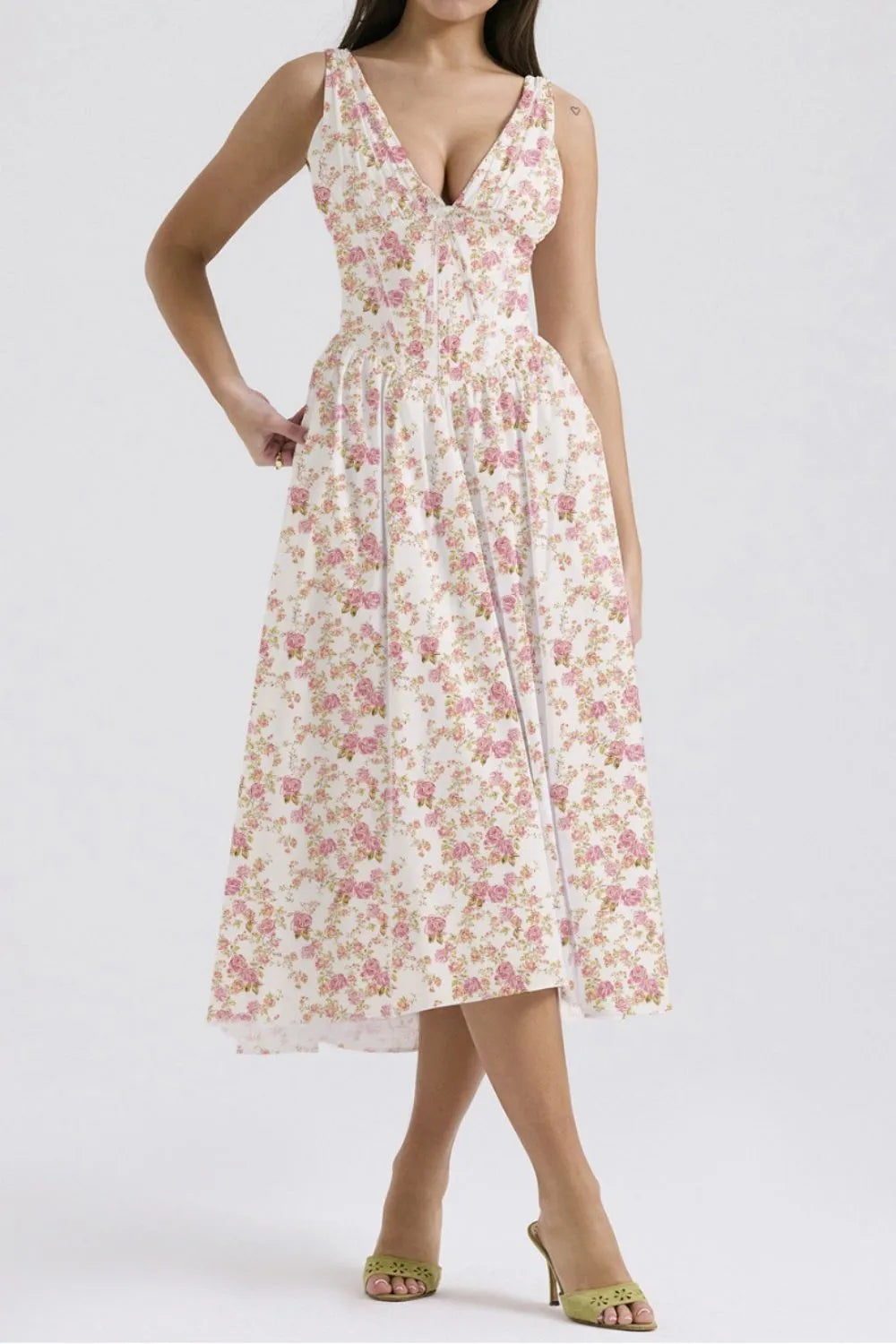 Floral V-Neck Sleeveless Midi Dress with Pockets