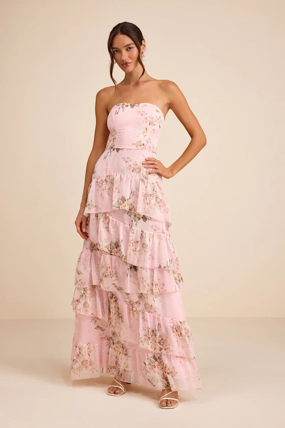 Niyati Blush Floral Strapless Tiered Maxi Dress