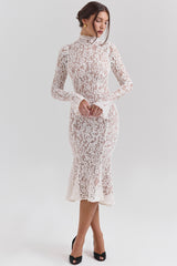 Sophia-Vintage Ivory Lace Fitted Midi Dress