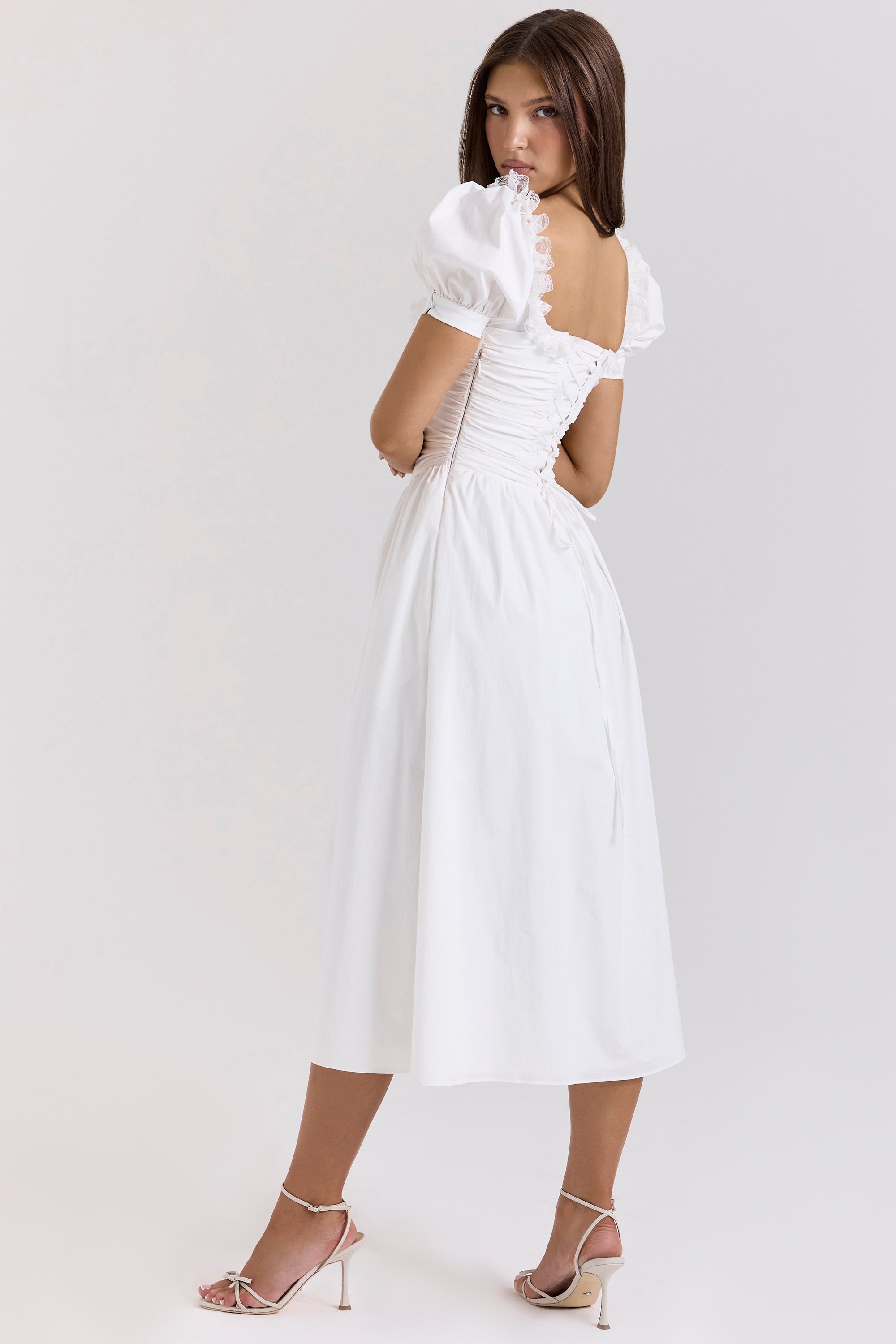 Lulabell-White Stretch Cotton Puff Sleeve Midi Dress