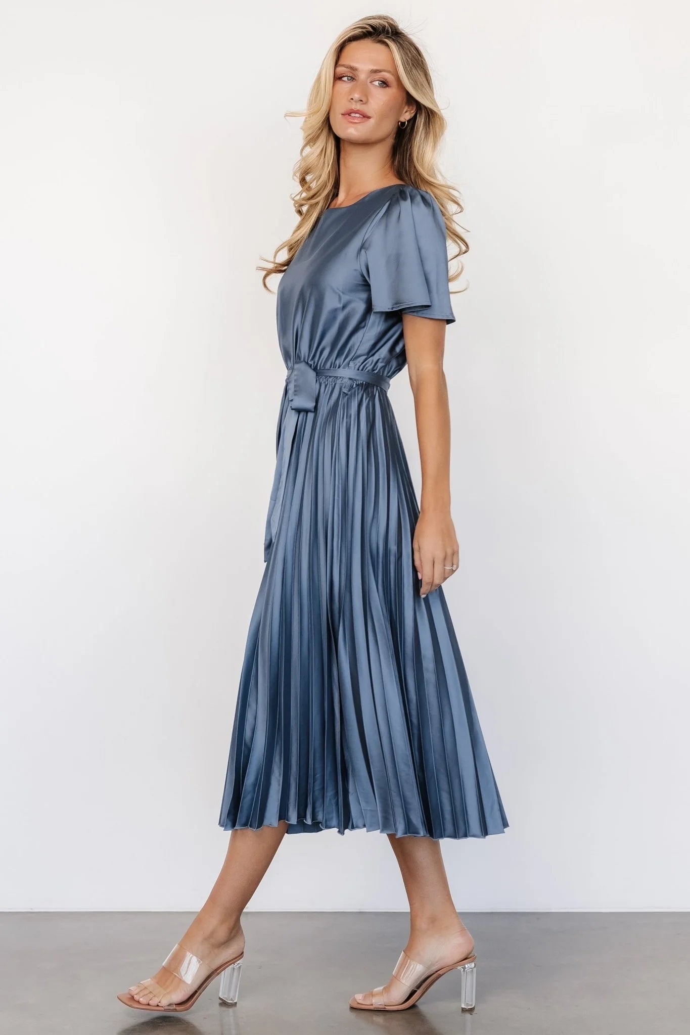 Adelaide Pleated Satin Dress | Blue