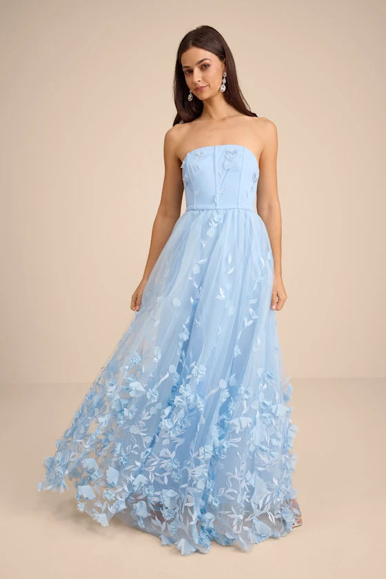 Lynly Light Blue 3D Floral Applique Tulle Maxi Dress