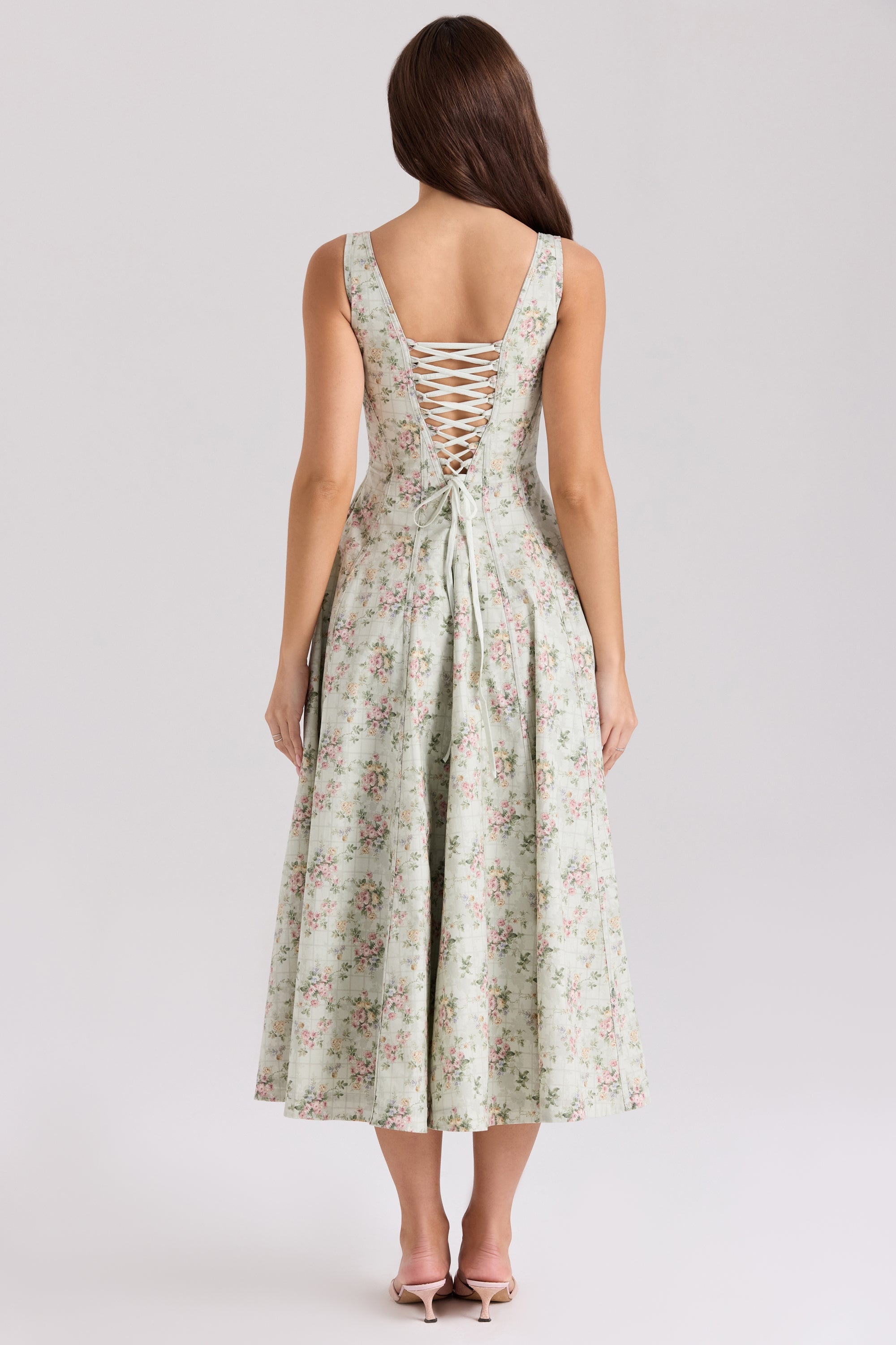 Mariabella-Sage Floral Print Cotton Midi Dress