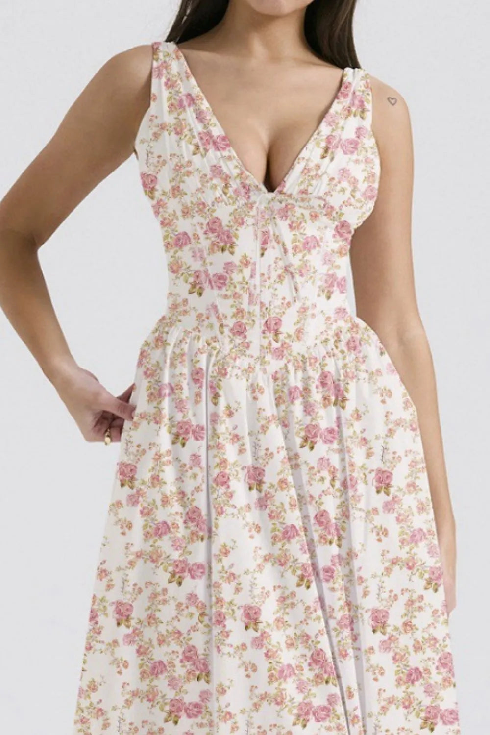 Floral V-Neck Sleeveless Midi Dress with Pockets