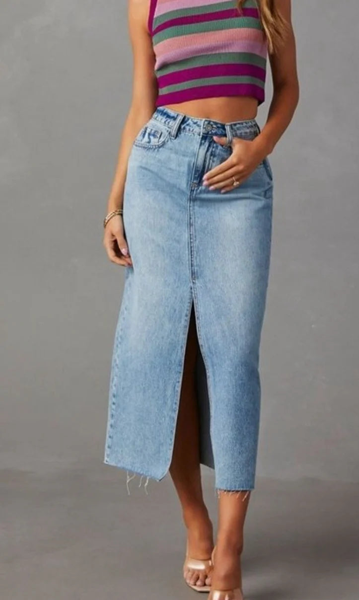 A-line denim mid-length skirt