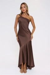 Romantic Affair Satin One Shoulder Maxi Dress Brown