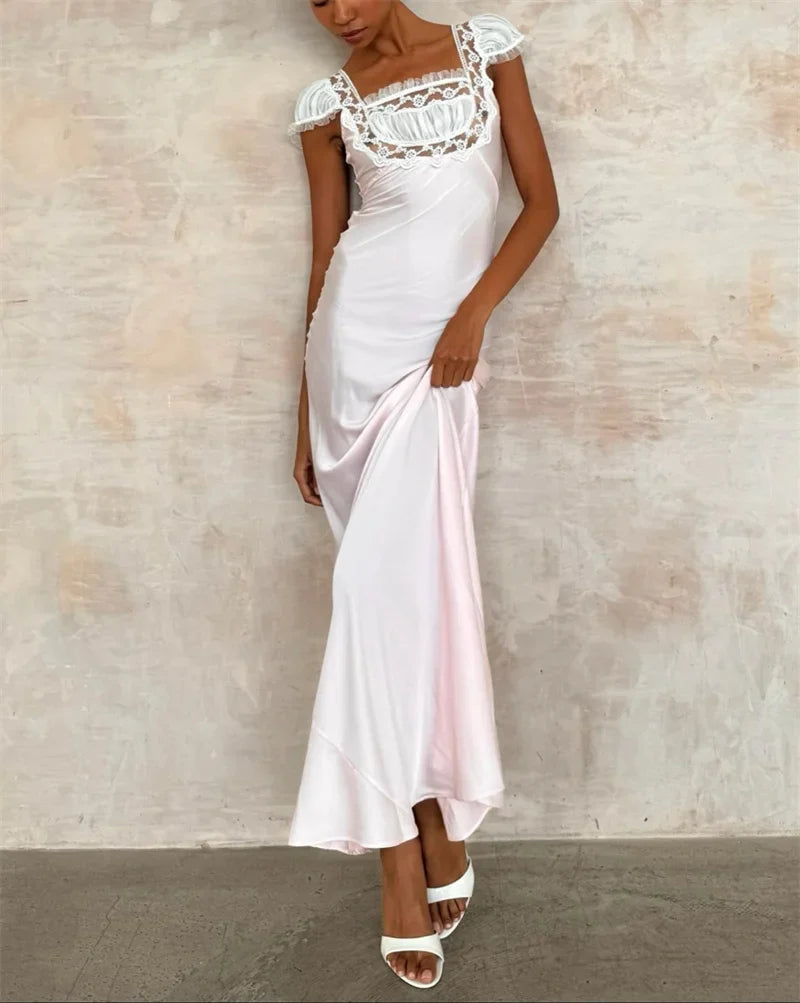 Lace Trim Short Sleeve Satin Maxi Dress