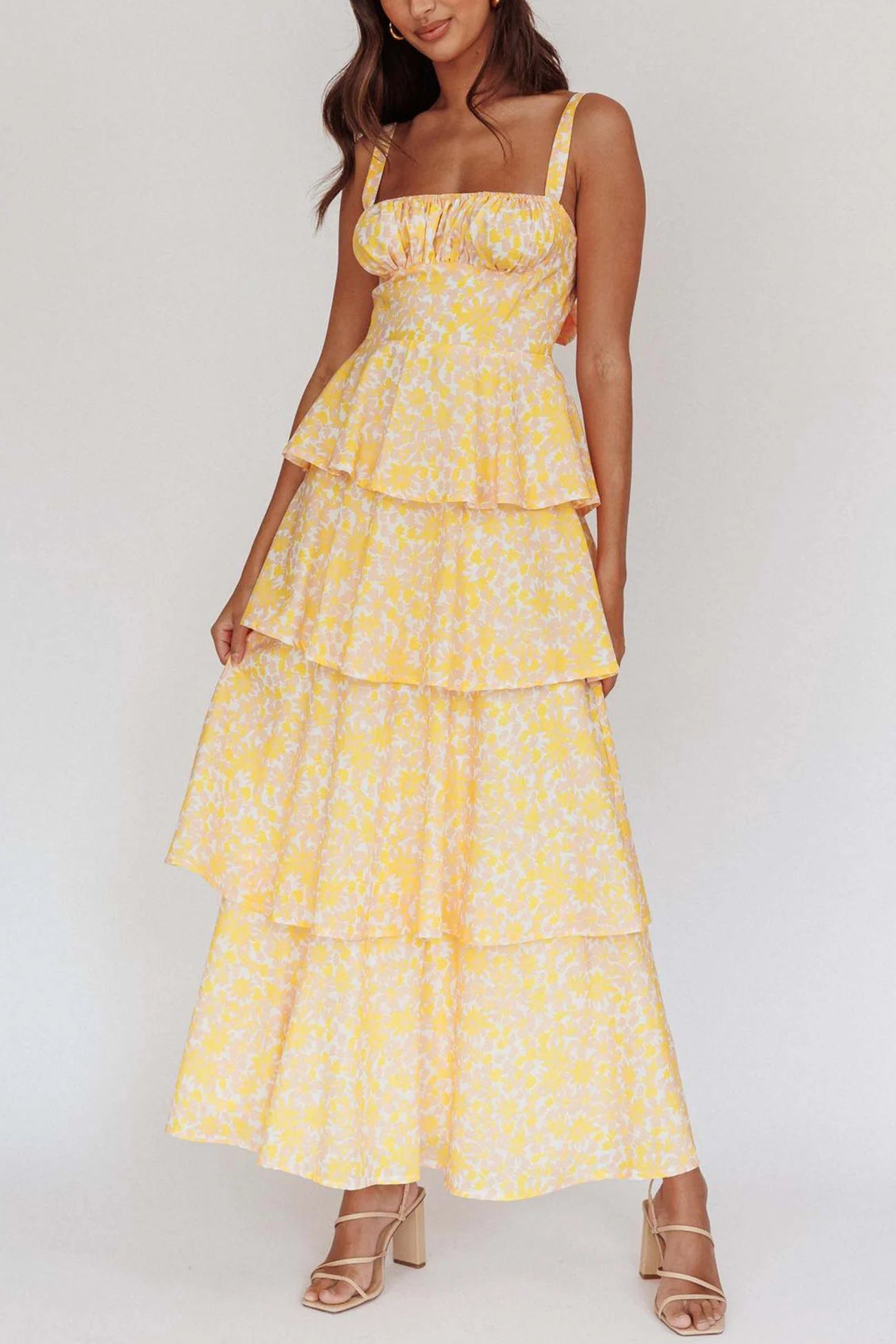 Floral Print Tie-up Tiered Midi Dress